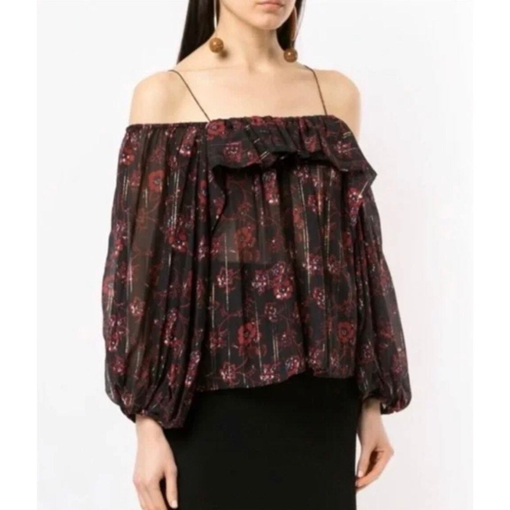 ULLA JOHNSON Off The Shoulder Coline Top 2 Black Floral Silk Metallic Ruffle